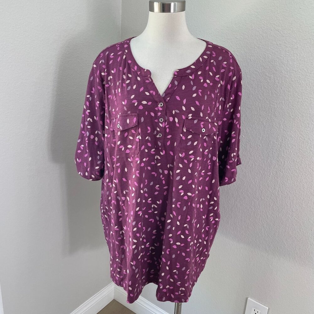 Croft&Barrow Womens Plus 3X Purple Leaf Tunic Top Front Pockets Roll Tab Sleeve